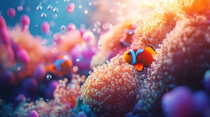 Vibrant Orange Clownfish in Pink Coral Reef Underwater Scene