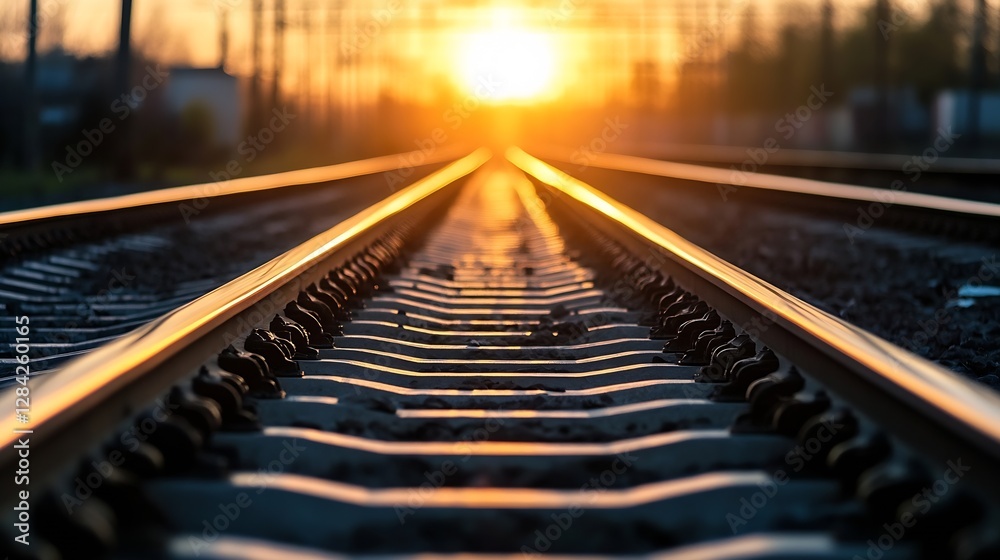 Aufkleber sunset view down the railway tracks creating a stunning landscape during golden hour : generative ai