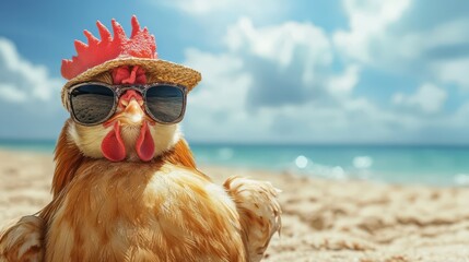 Stylish chicken wearing sunglasses and straw hat relaxing on a sunny beach