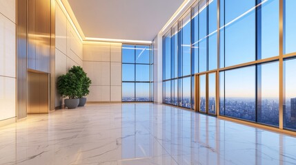 Fototapeta premium Modern office interior with large windows showcasing a city skyline at sunset