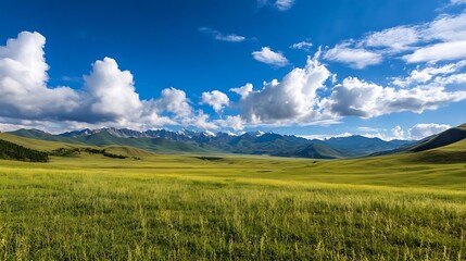 Obraz premium Breathtaking Landscape of Rolling Green Fields Under a Bright Blue Sky with Fluffy Clouds : Generative AI