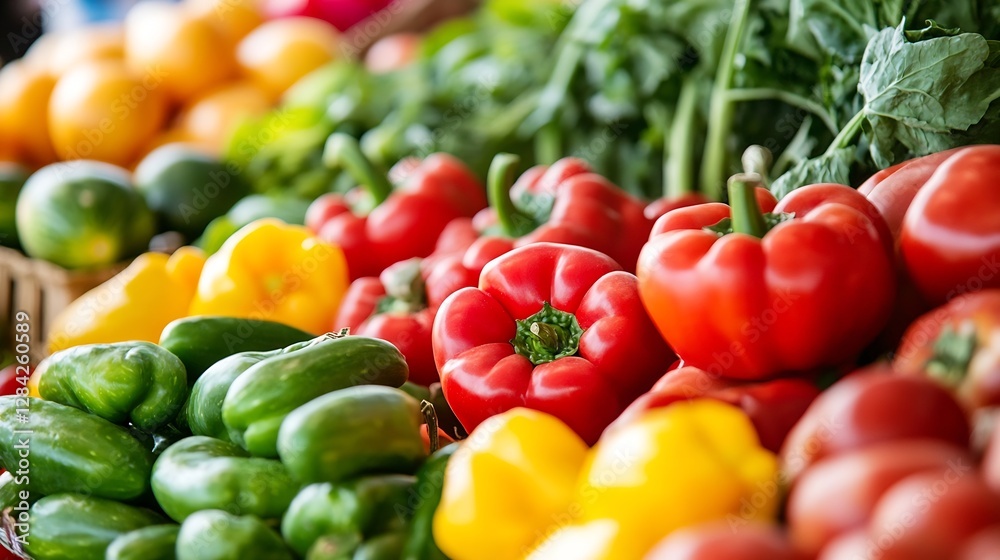 Aufkleber Vibrant display of an array of fresh organic peppers and vegetables at a bustling market stall : Generative AI