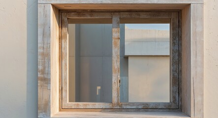Rectangular wooden window on textured wall reflects adjacent building.