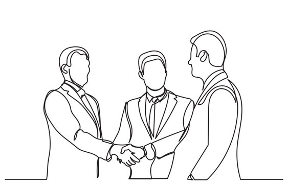 recommend clip art: continuous line drawing of Happy confident business partners men shaking hands. Line art vector business people are meeting and shaking their hands to deal with a contract. concept of Trust agreement 