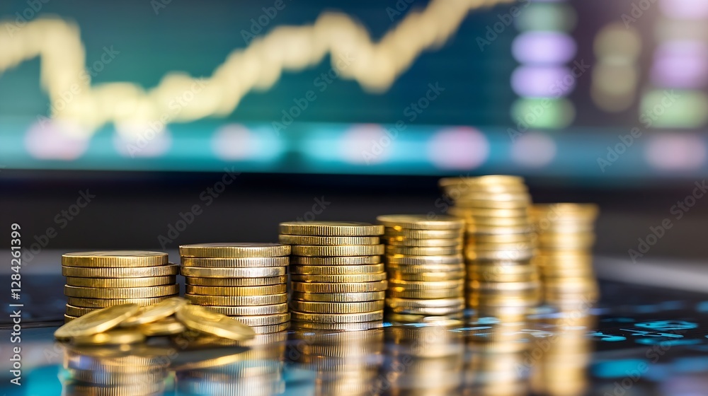 Aufkleber close up of stacked gold coins symbolizing growth and prosperity with stock market data in the backg