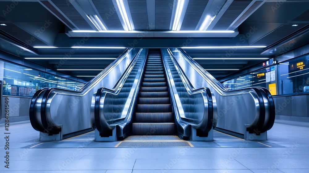Poster Futuristic escalator stands illuminated in a spacious modern building : Generative AI