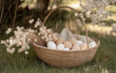 Elegant basket filled with eggs and cotton branches resting on green grass