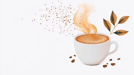 Warm Cup of Coffee with Steam and Leaves in Watercolor Style