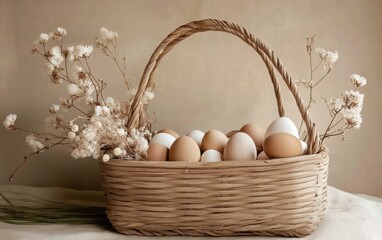 Decorative basket filled with eggs and flowers displayed on soft fabric background