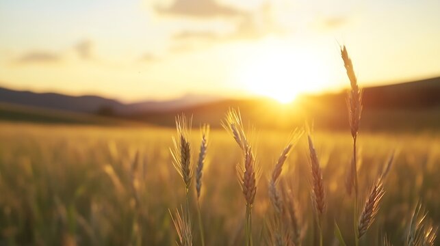 Golden wheat field basking in the glow of a serene sunset in nature : Generative AI