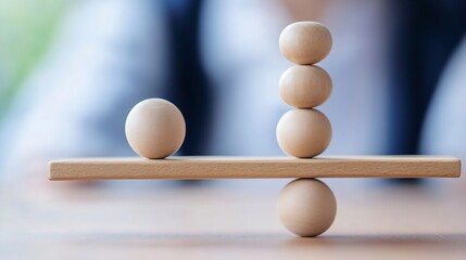 Wooden balancing act with spherical shapes creating equilibrium and stability concept on a wooden surface : Generative AI
