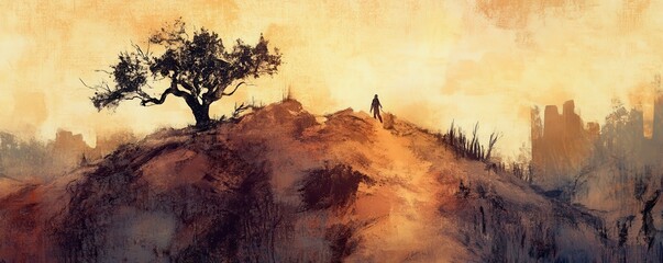 Lone figure on desolate hill with silhouette of tree at sunset in abstract landscape painting