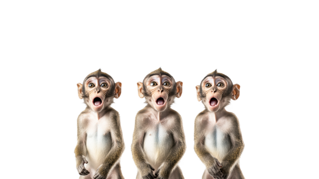 Three monkeys express surprise in unison