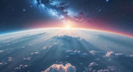 Earth from Space Stunning View with Stars and Galaxy Sunrise Over the Planet