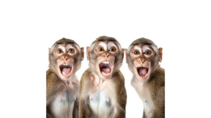 Three monkeys express surprise in a playful moment