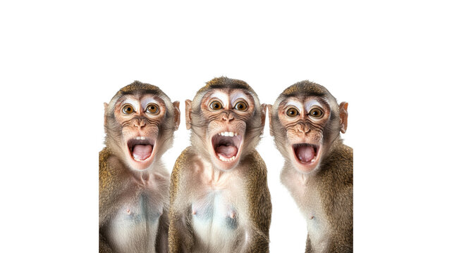 Three monkeys express surprise in a playful moment