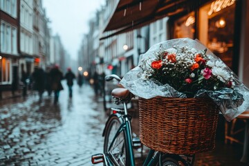 Vintage Bicycle with Flowers on Rainy Street in Charming Cityscape