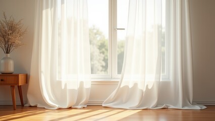 Blowing Sheer Curtains, A soft white sheer curtain billows gently in the breeze from an open window sunlight filtering through casting delicate 