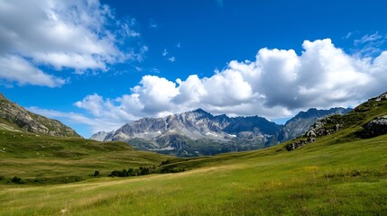 Fototapeta premium Vast mountain landscape under a clear blue sky with soft clouds and lush green meadows : Generative AI