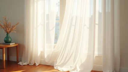 Blowing Sheer Curtains, A soft white sheer curtain billows gently in the breeze from an open window...