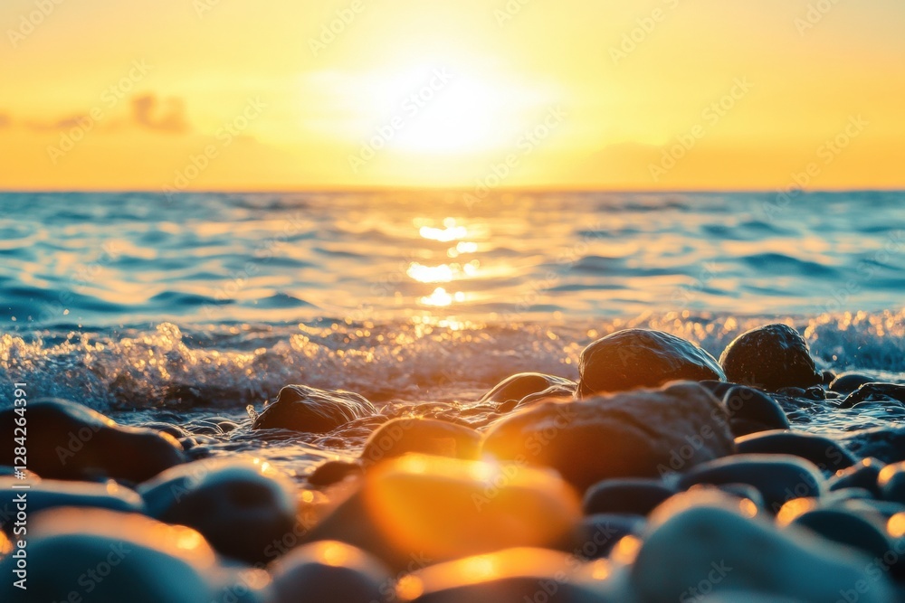 Poster sunset over a calm ocean with smooth stones along the shoreline captured during twilight. generative