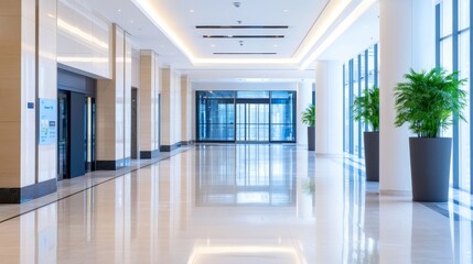 Fototapeta premium Modern, spacious lobby with polished floors, large windows, and decorative plants in a building