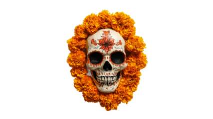 Colorful skull decoration with marigold flowers