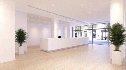 Obraz premium Modern reception area with sleek design, plants, and large windows showcasing the street view