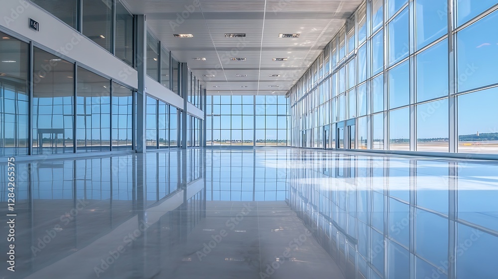 Poster Spacious modern interior featuring large windows and polished floors enhancing open and airy environment : Generative AI