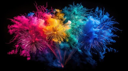 Obraz premium Vibrant rainbow fireworks and colored smoke clouds exploding dynamically against a dark black background.
