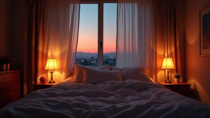 Blowing Sheer Curtains, From a bird's-eye view sheer curtains drift gracefully in a twilight-lit bedroom edges catching sunset hues warm bedside © Nima