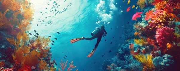 Fototapeta premium Scuba diver exploring vibrant coral reef with colorful fish in sunlit underwater scene