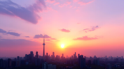 Fototapeta premium City skyline sunset silhouette, aerial view, pink sky, urban landscape, travel