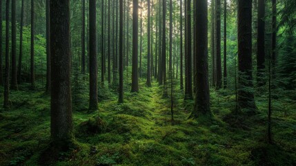 Fototapeta premium Serene forest landscape with tall trees, lush greenery, and soft sunlight filtering through