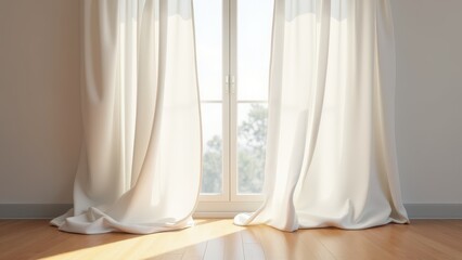 Blowing sheer curtains, Gentle breeze catches white curtains in sunlight soft shadows on hardwood floor serene minimalist room 8K UHD.