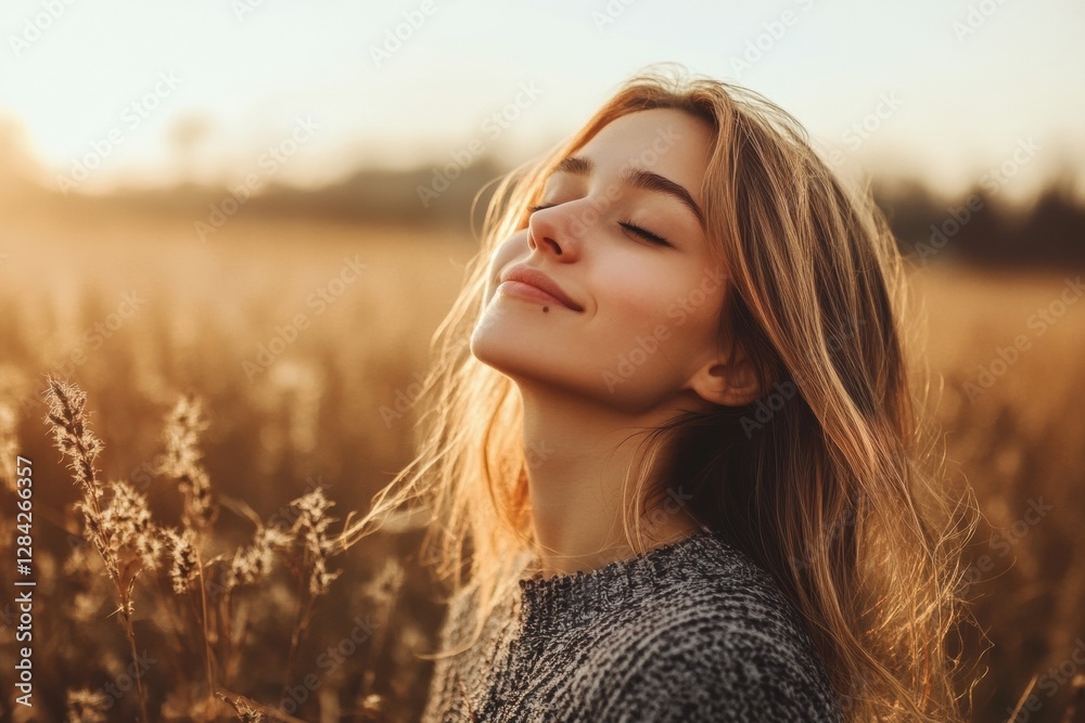 Aufkleber woman enjoying sunset in a golden field while feeling the gentle breeze with a content smile on her 