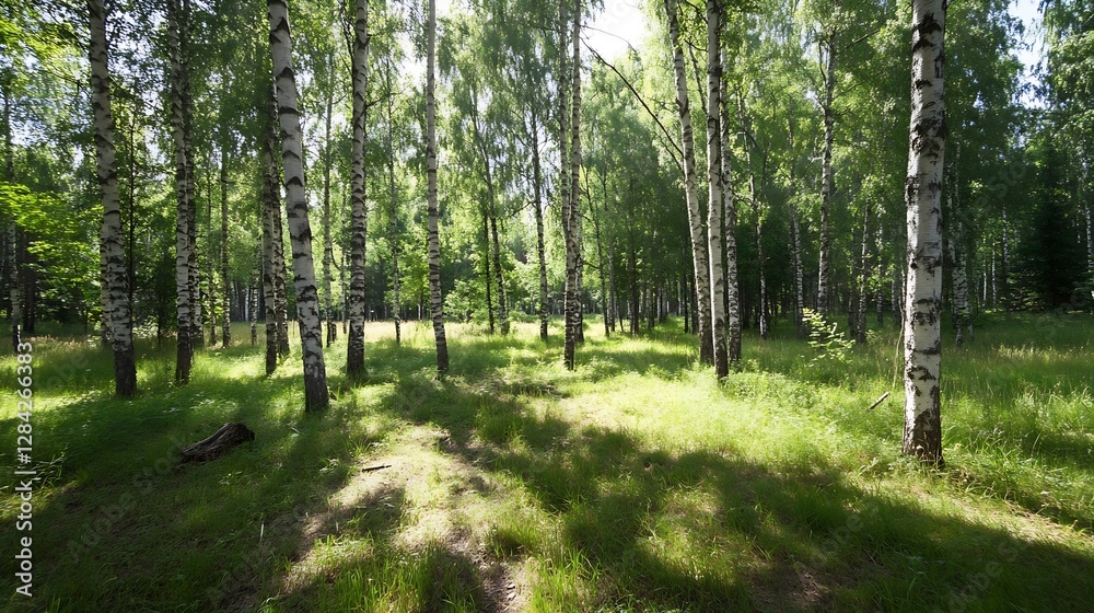 Poster Sunlight Filtering Through Birch Trees in a Lush Green Forest Setting : Generative AI