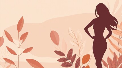 A Black Silhouette of a Woman Standing with Various Colored Leaves Around on a Light Beige Background, Evoking a Sense of Natural Beauty and Elegance.