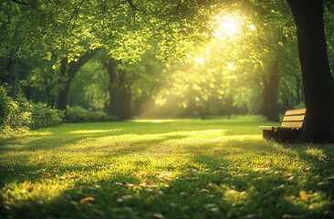A green park with trees and grass, a sunny day, photo-realistic landscapes, a green landscape background, the sun shining through the leaves,
