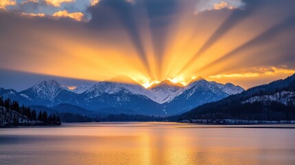 Obraz premium Golden Sunset Casting Warm Light Through Mountain Landscape Reflection