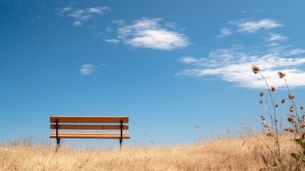 Isolated wooden bench on a hill against a clear blue sky inviting peaceful moments : Generative AI