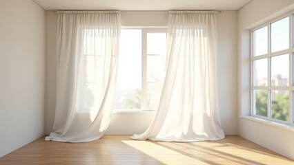 Blowing sheer curtains, Gentle breeze catches white sheer curtains in a sunlit minimalist bedroom with soft shadows and wooden floors. Hyper-rea
