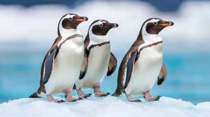 Obraz premium Group of Penguins Waddling on Ice Inside Zoo Enclosure
