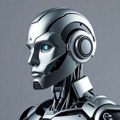 High-resolution stock photo a humanoid robot representing AI, commercial use, professional quality, metallic textures, realistic rendering, neutral color palette, three-quarter view 