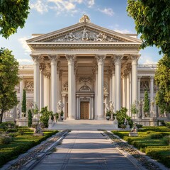 Obraz premium Grandiose Neoclassical Building Featuring Doric Columns and Manicured Gardens with Elegant Pathway