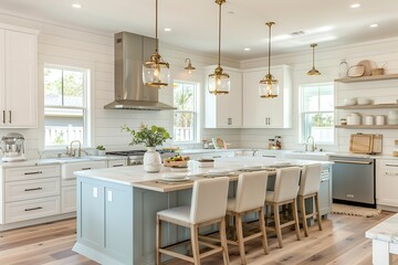 Modern kitchen with white walls, light blue island, wood floor, marble countertops, and pendant lights. Cozy dining setup.
