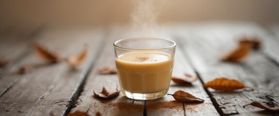 Cozy autumn vibes with a warm glass of golden milk on rustic wooden table