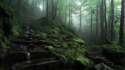 Serene forest pathway with moss-covered stones and gentle streams, enveloped in misty atmosphere