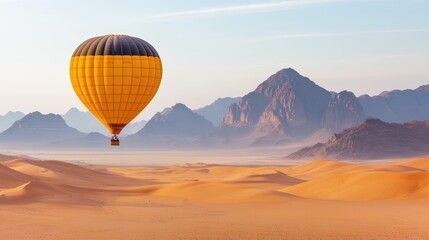 Obraz premium Hot Air Balloon Floating Over Vast Desert Landscape at Sunrise