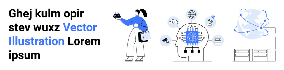 Woman engaging with AI, connected digital globe, circuits and server icons together display innovation and collaboration. Ideal for education, technology, AI, business, digital platforms, global